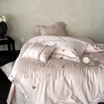 Bedding Set Satin Floral Embroidery & Ruffle Trim 4 Piece