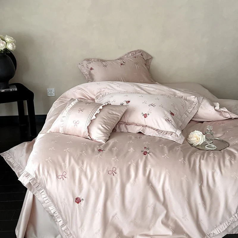 Bedding Set Satin Floral Embroidery & Ruffle Trim 4 Piece