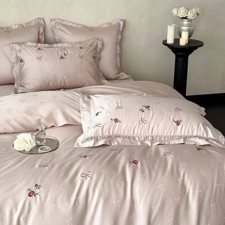 Bedding Set Satin Floral Embroidery & Ruffle Trim 4 Piece