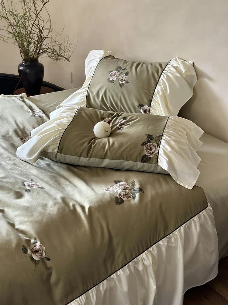 Bedding Set Satin Floral Embroidery & Ruffled Trim