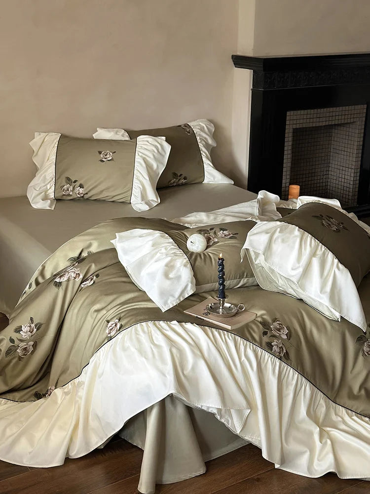 Bedding Set Satin Floral Embroidery & Ruffled Trim