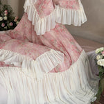 Bedding Set Satin Floral Print Chiffon Ruffle 4-Piece