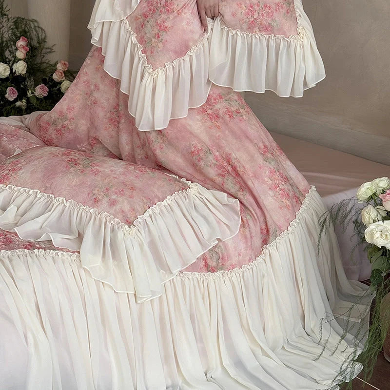 Bedding Set Satin Floral Print Chiffon Ruffle 4-Piece