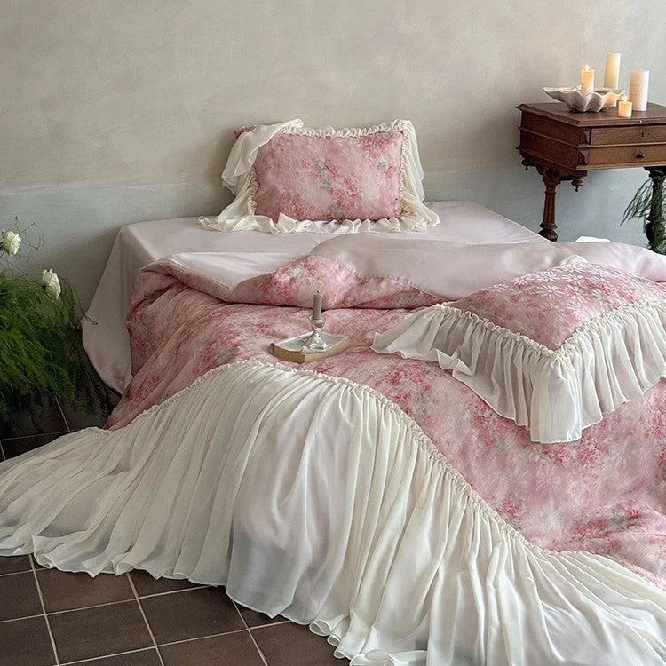 Bedding Set Satin Floral Print Chiffon Ruffle 4-Piece