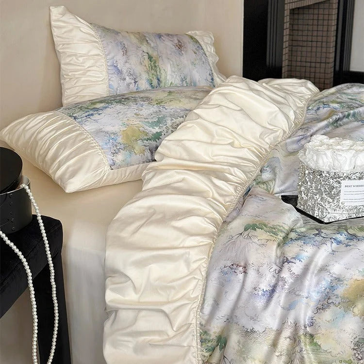 Bedding Set Satin Floral Print Ruffle Trim