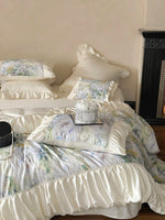 Bedding Set Satin Floral Print Ruffle Trim