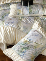 Bedding Set Satin Floral Print Ruffle Trim