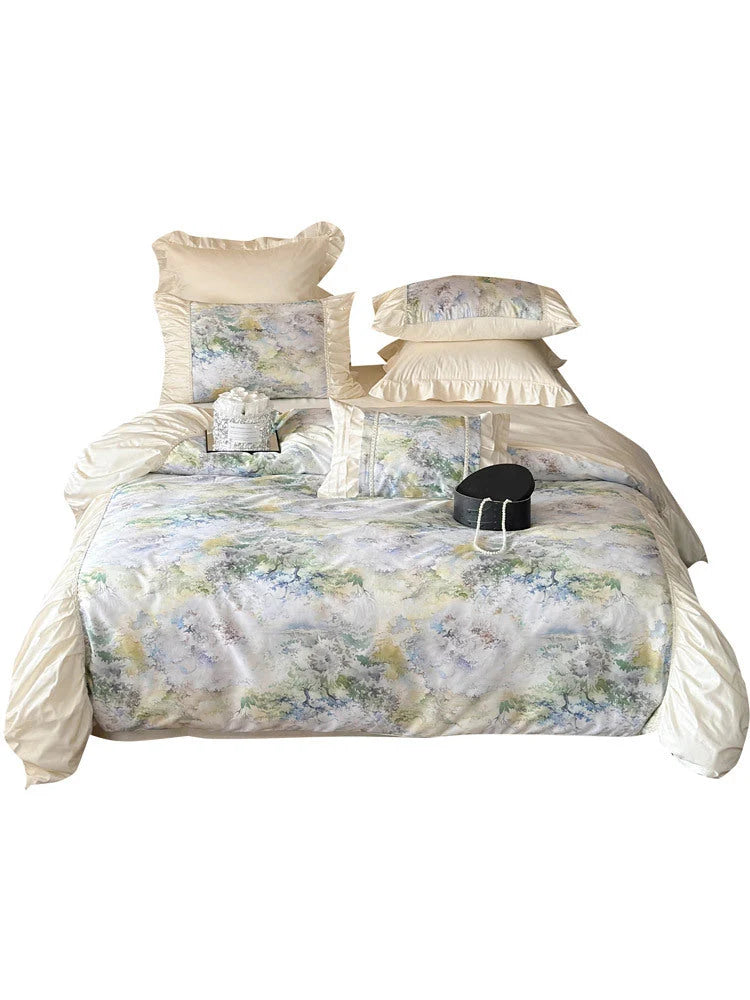 Bedding Set Satin Floral Print Ruffle Trim