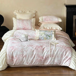 Bedding Set Satin Floral Print Ruffle Trim