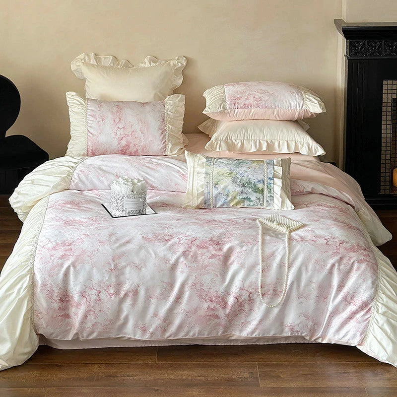 Bedding Set Satin Floral Print Ruffle Trim