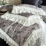 Bedding Set Satin Floral Print Ruffled Lace 4-Piece