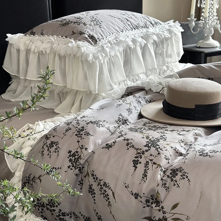 Bedding Set Satin Floral Print Ruffled Lace 4-Piece