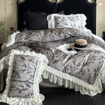 Bedding Set Satin Floral Print Ruffled Lace 4-Piece