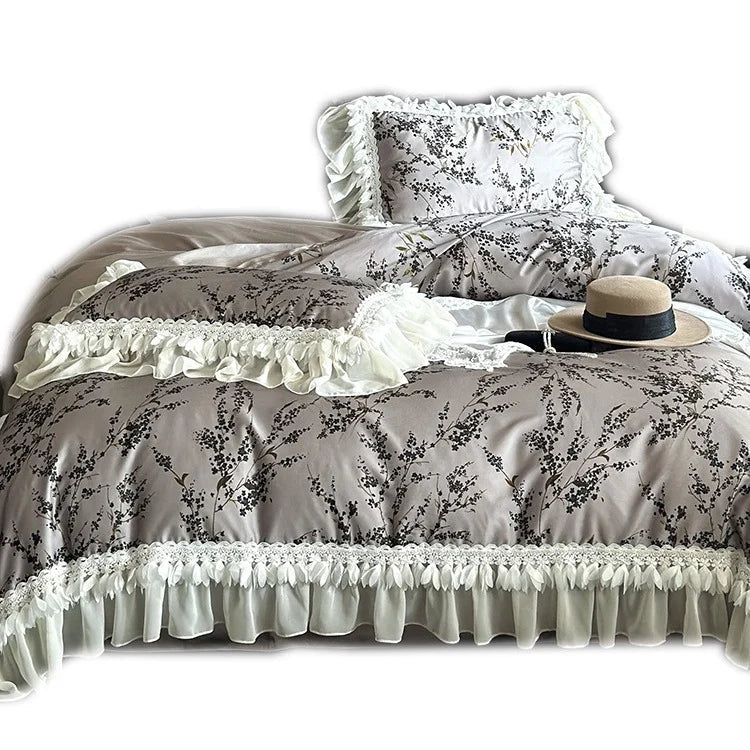 Bedding Set Satin Floral Print Ruffled Lace 4-Piece