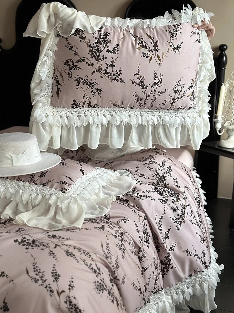 Bedding Set Satin Floral Print Ruffled Lace 4-Piece