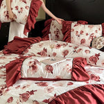 Bedding Set Satin Floral Ruffle Integrated Bed Skirt