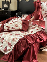 Bedding Set Satin Floral Ruffle Integrated Bed Skirt