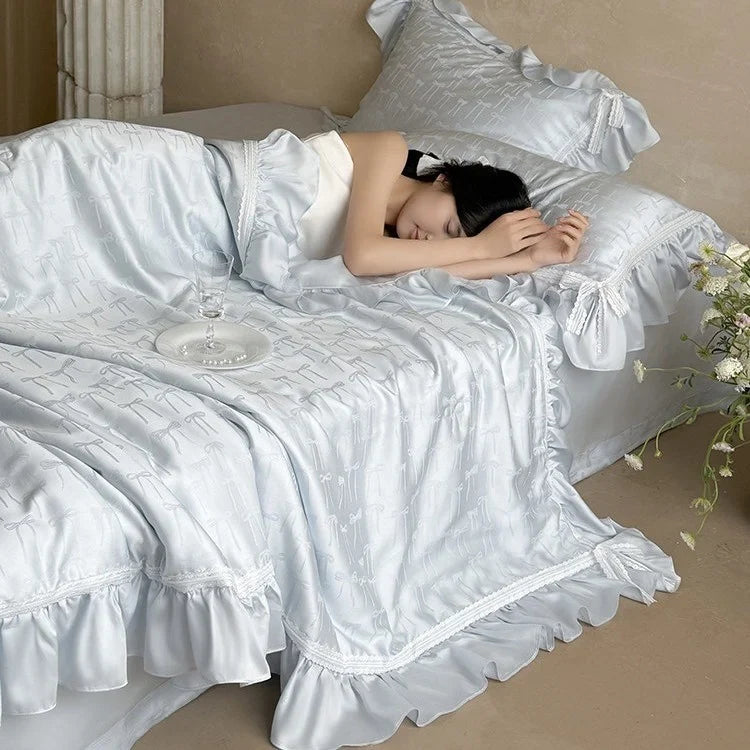 Bedding Set Satin Jacquard Bow Ruffle & Lace 4-Piece