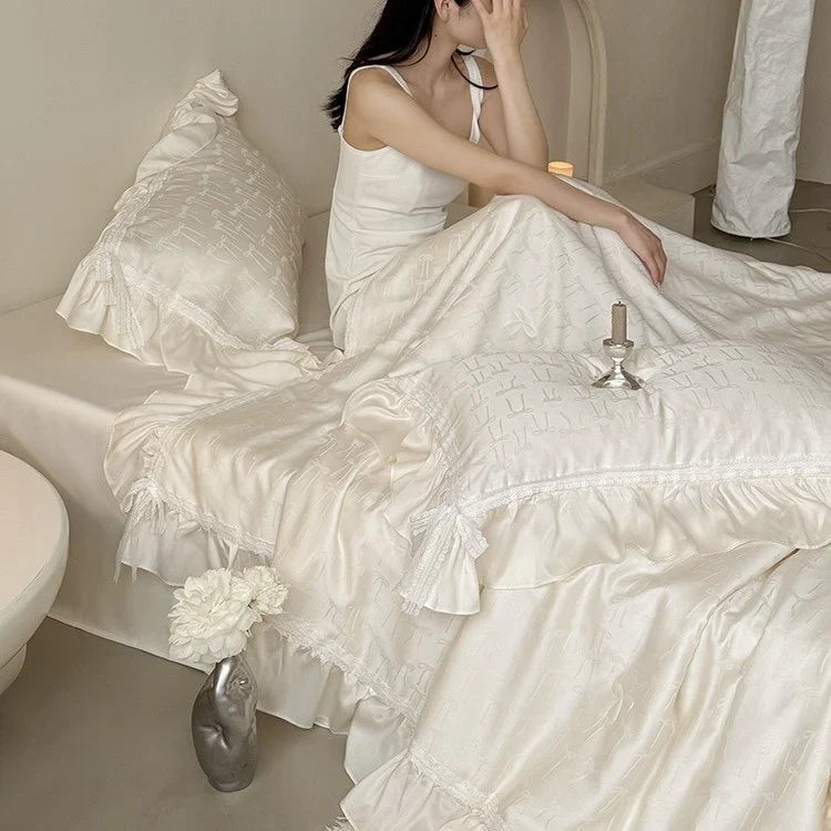 Bedding Set Satin Jacquard Bow Ruffle & Lace 4-Piece