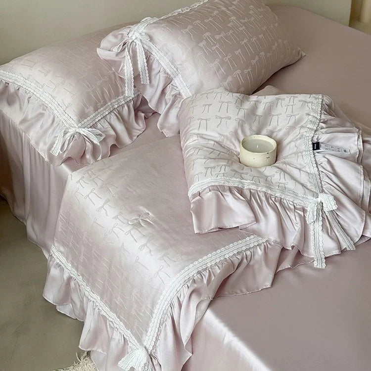 Bedding Set Satin Jacquard Bow Ruffle & Lace 4-Piece