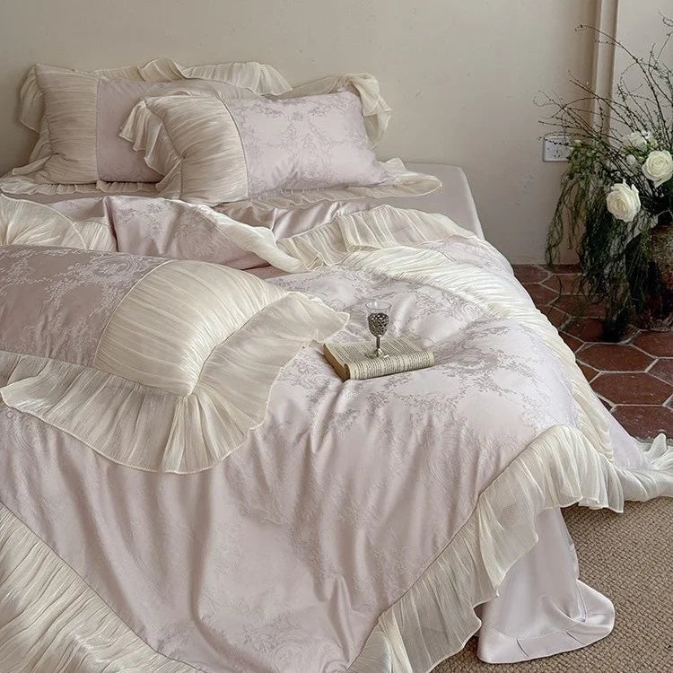 Bedding Set Satin Jacquard Pleated Ruffle Set of 4