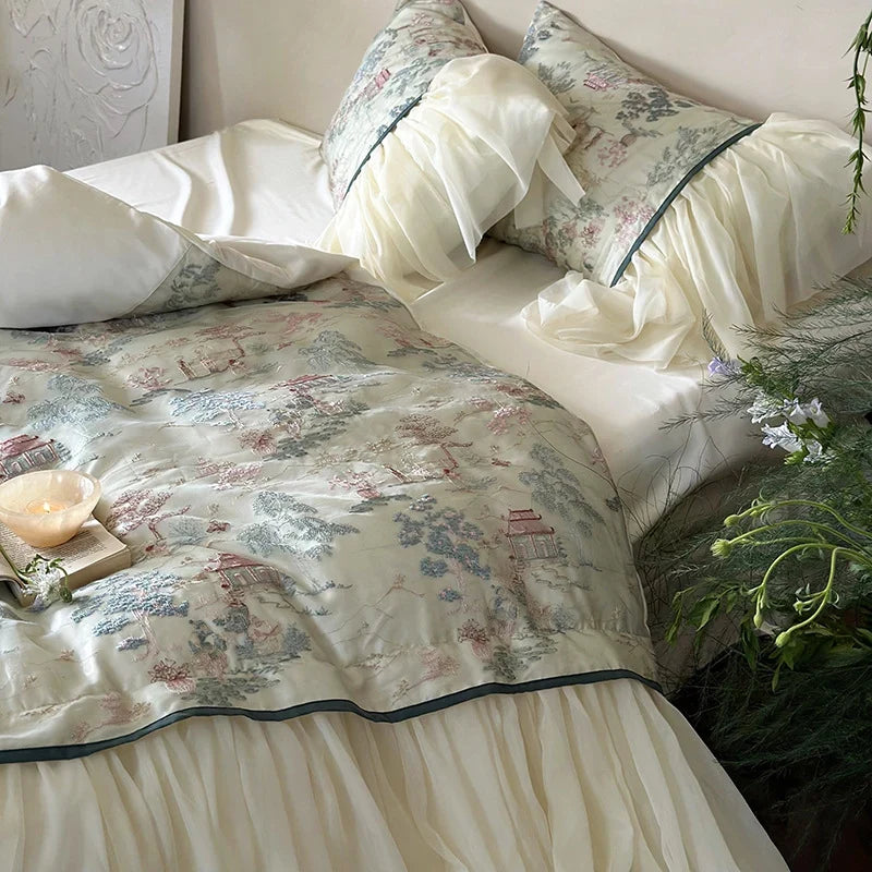 Bedding Set Satin-Like Tencel Cotton Vintage Toile Ruffled Skirt