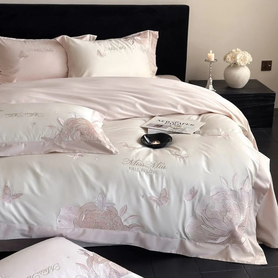 Bedding Set Satin Rose & Butterfly Embroidery