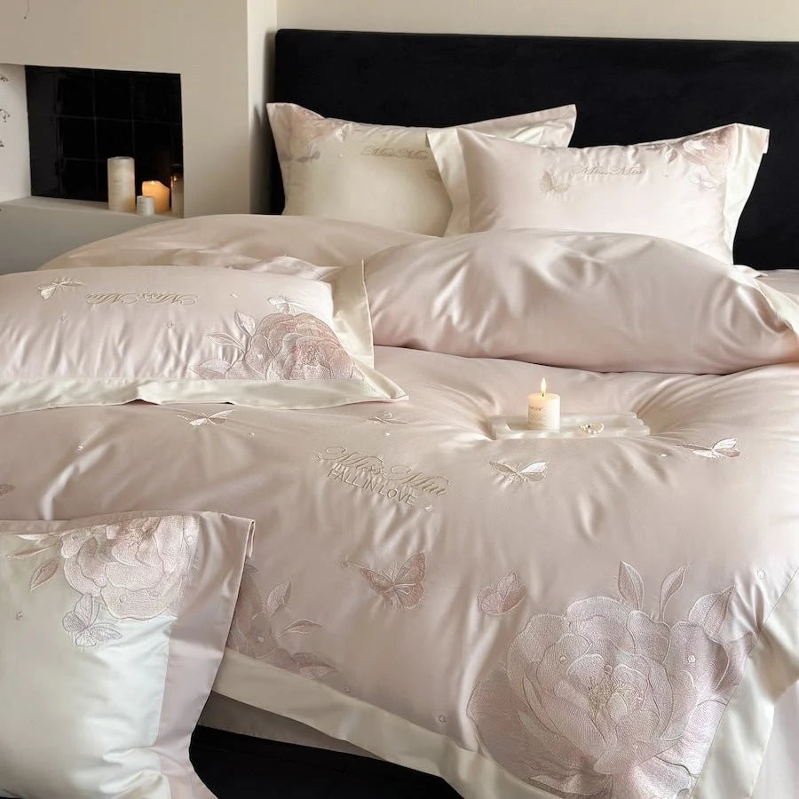 Bedding Set Satin Rose & Butterfly Embroidery