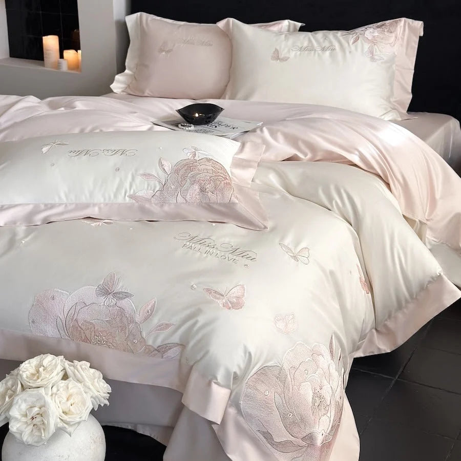 Bedding Set Satin Rose & Butterfly Embroidery