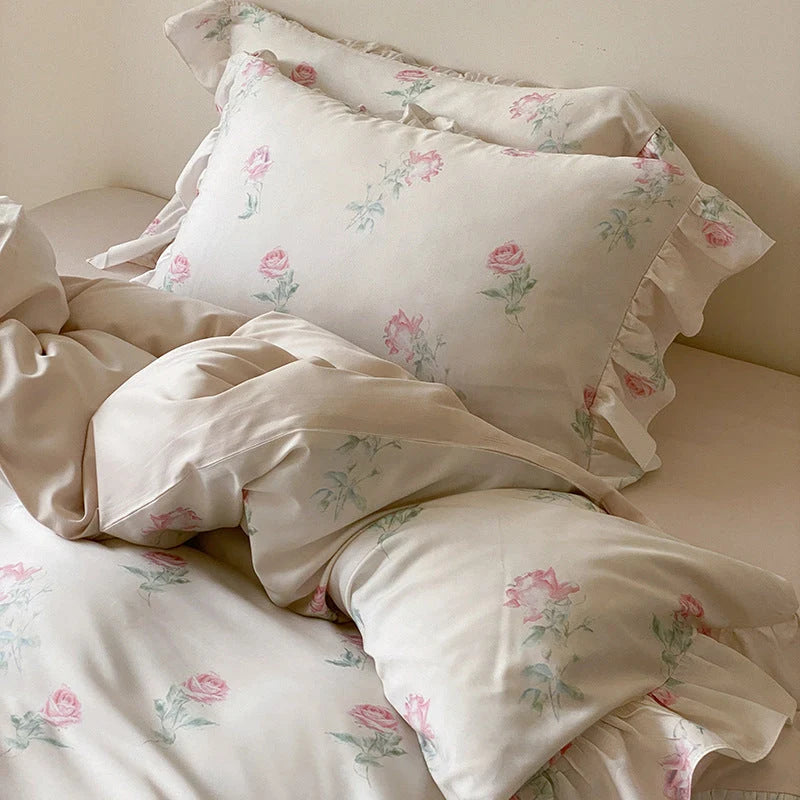 Bedding Set Satin Rose Pattern Ruffled Hem 4-Piece Set