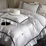 Bedding Set Satin Ruffled Trim Cherry Embroidery 4-Piece