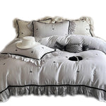 Bedding Set Satin Ruffled Trim Cherry Embroidery 4-Piece