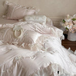 Bedding Set Satin Ruffled Trim & Floral Embroidery 4-Piece
