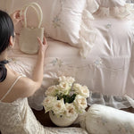 Bedding Set Satin Ruffled Trim & Floral Embroidery 4-Piece