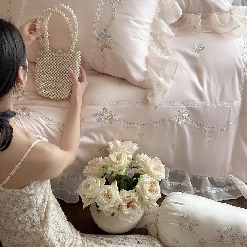 Bedding Set Satin Ruffled Trim & Floral Embroidery 4-Piece