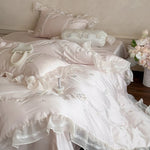 Bedding Set Satin Ruffled Trim & Floral Embroidery 4-Piece