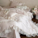 Bedding Set Satin Ruffled Trim & Floral Embroidery 4-Piece