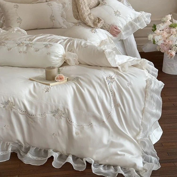 Bedding Set Satin Ruffled Trim & Floral Embroidery 4-Piece