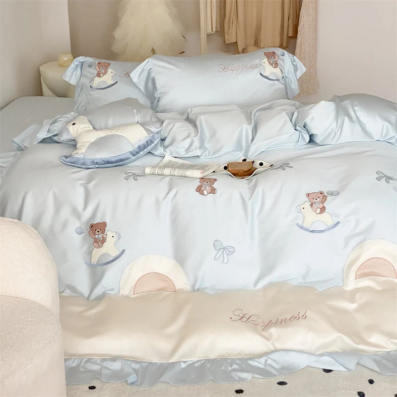 Bedding Set Satin Teddy Bear Appliqués Ruffled Border