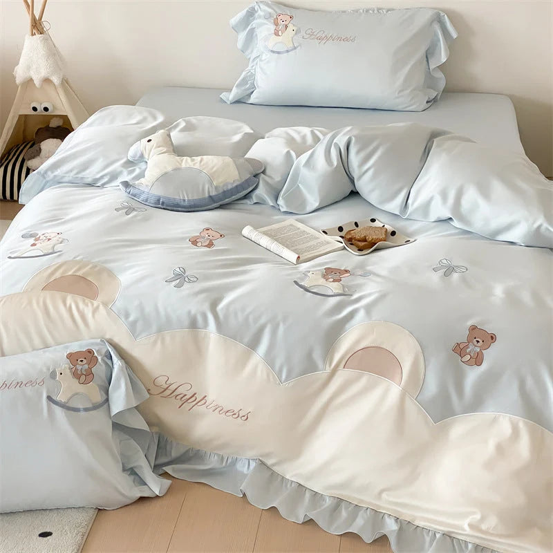 Bedding Set Satin Teddy Bear Appliqués Ruffled Border