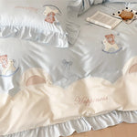 Bedding Set Satin Teddy Bear Appliqués Ruffled Border