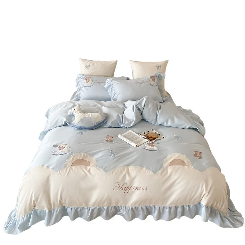 Bedding Set Satin Teddy Bear Appliqués Ruffled Border