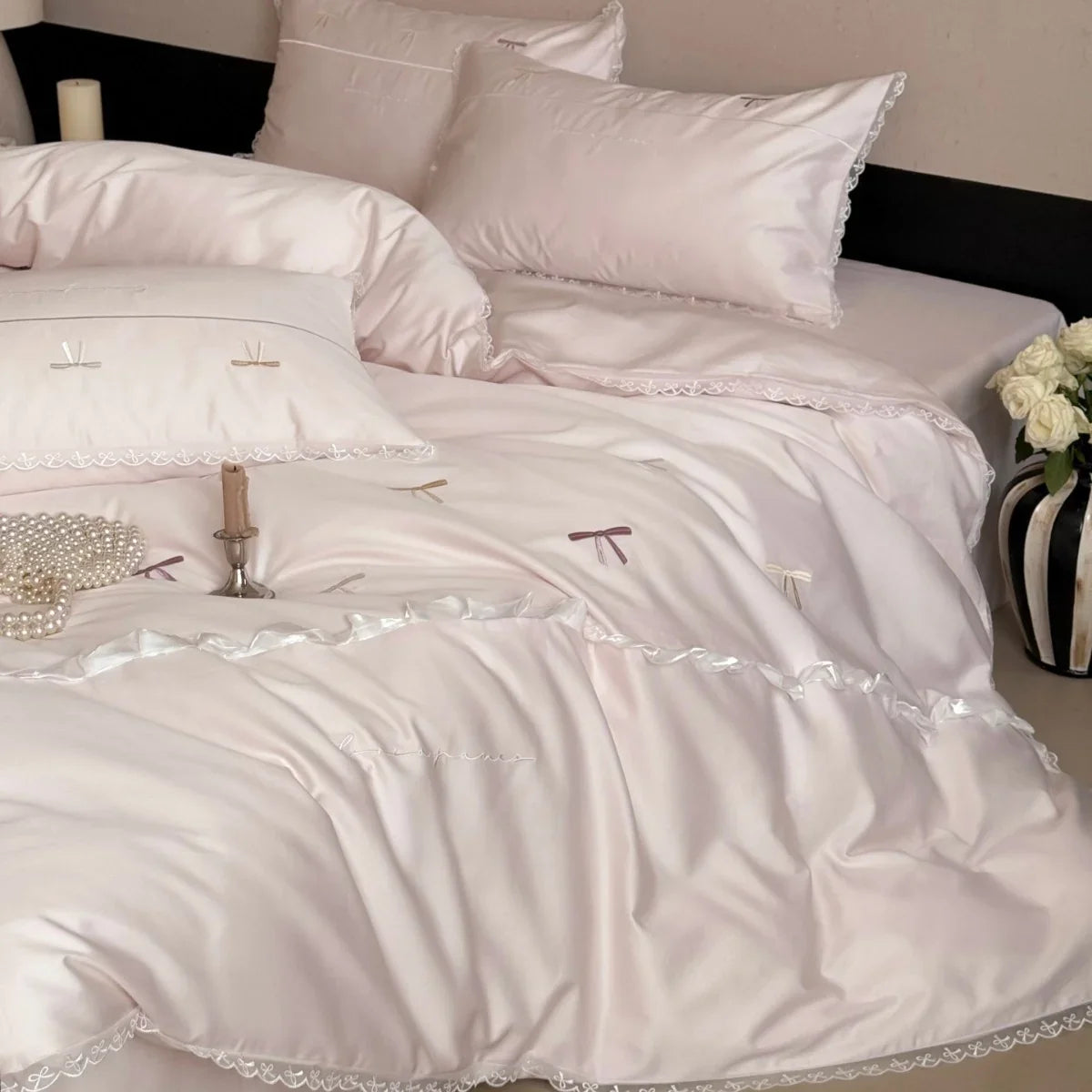 Bedding Set Satin Temperature-Regulating Embroidered & Lace Trim