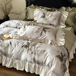 Bedding Set Satin Temperature-Regulating Watercolor Floral & Ruffled Edges