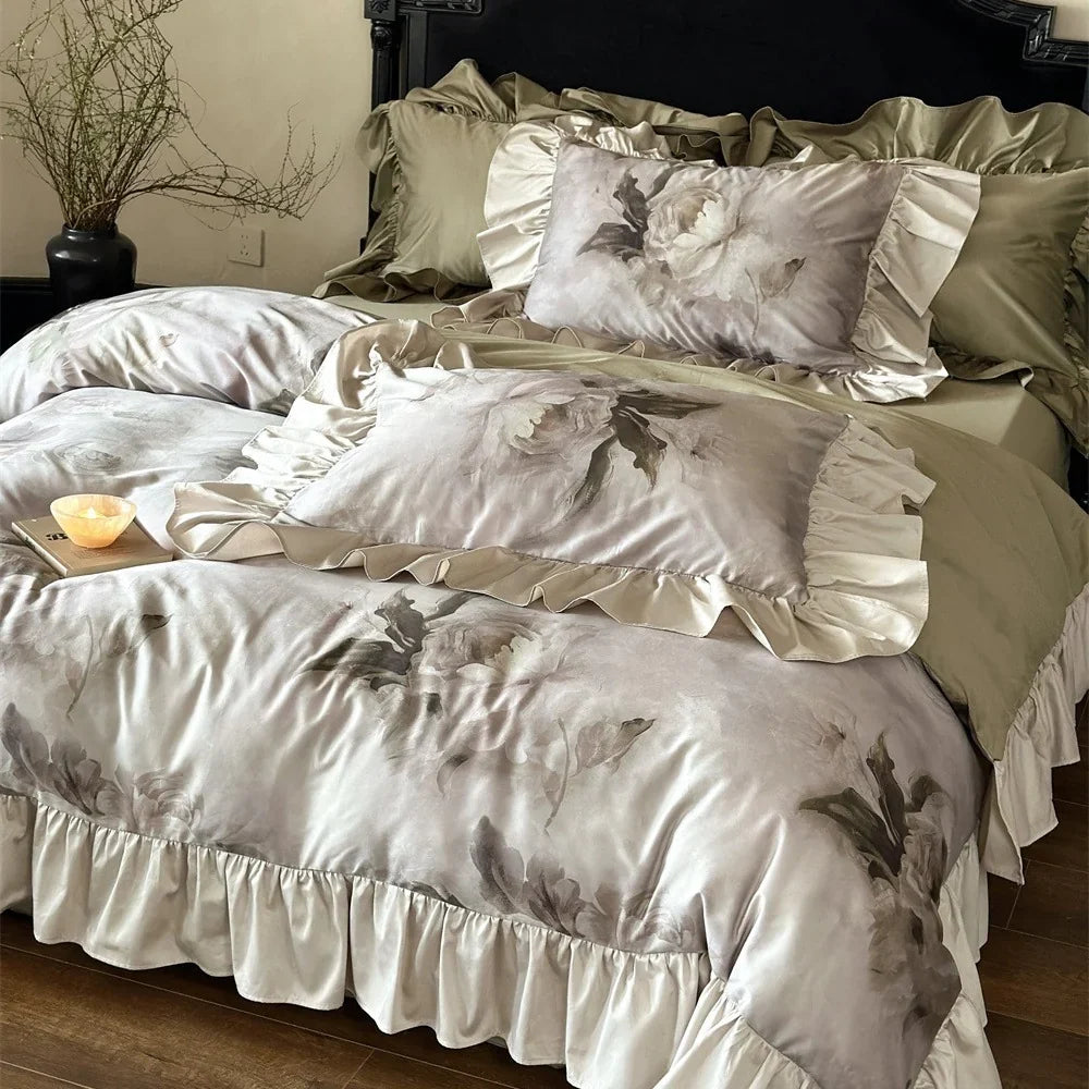 Bedding Set Satin Temperature-Regulating Watercolor Floral & Ruffled Edges