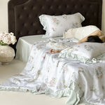 Bedding Set Satin Watercolor Floral Ruffle Trim 4-Piece