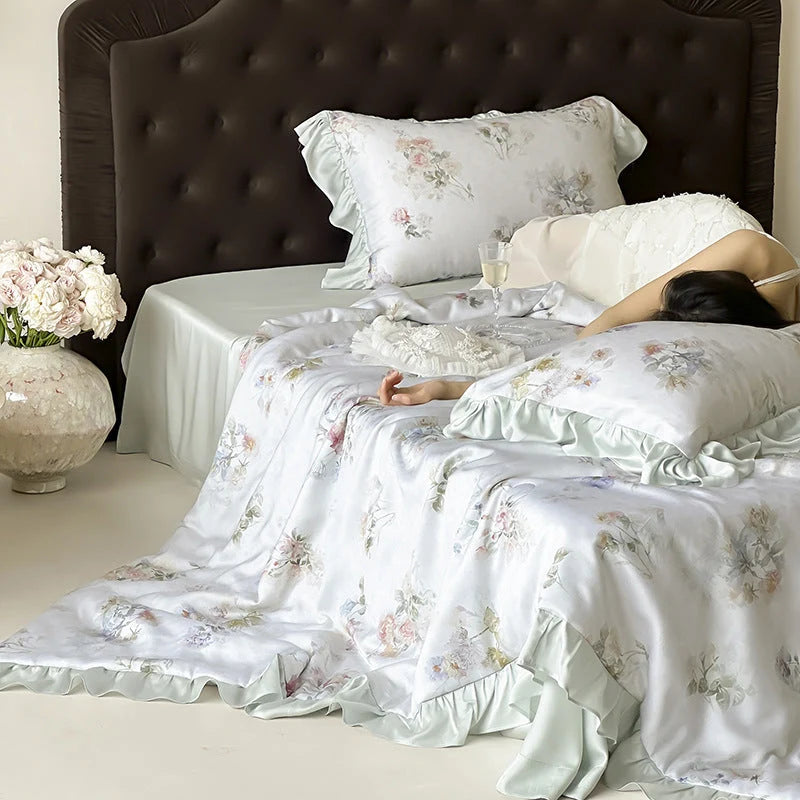 Bedding Set Satin Watercolor Floral Ruffle Trim 4-Piece