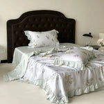 Bedding Set Satin Watercolor Floral Ruffle Trim 4-Piece