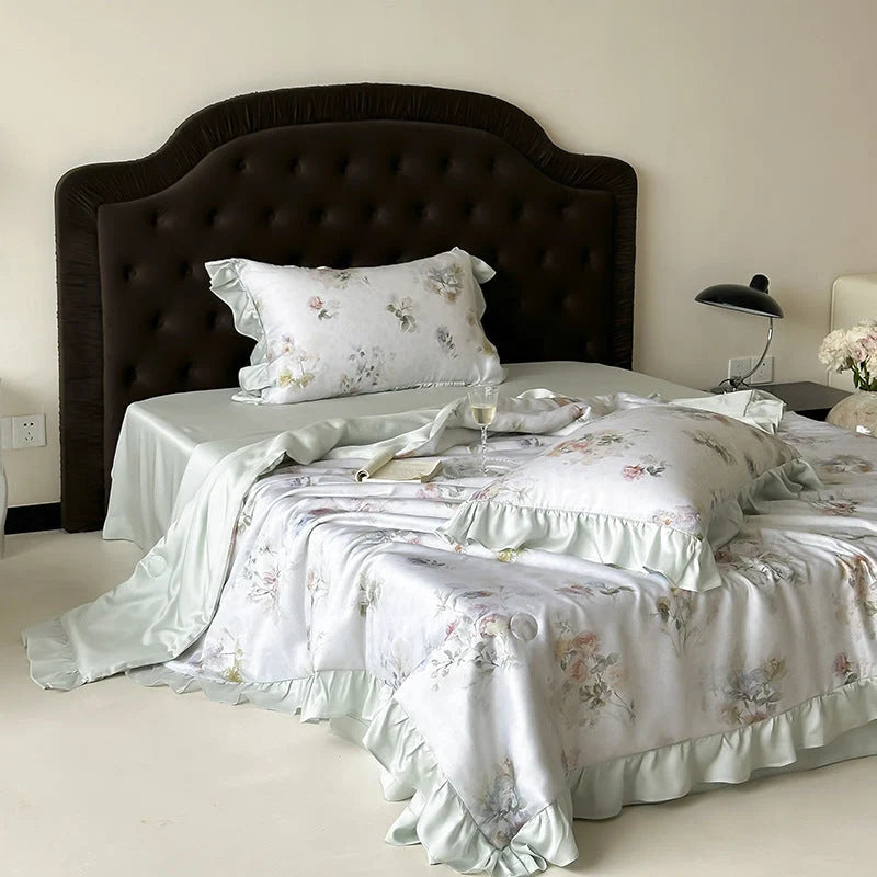 Bedding Set Satin Watercolor Floral Ruffle Trim 4-Piece