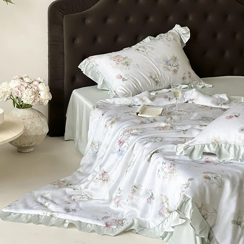 Bedding Set Satin Watercolor Floral Ruffle Trim 4-Piece